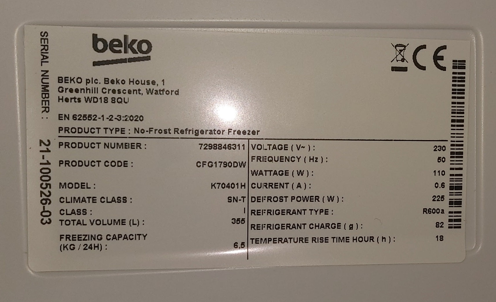 Beko CFG1790DW Graded 70cm Extra Wide Fridge Freezer with Non-Plumbed Water Dispenser - Frost Free - White